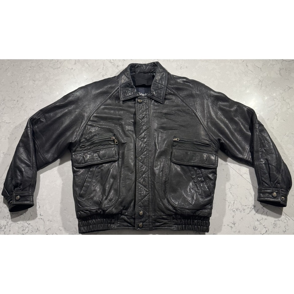 VTG 80s Philippe Monet Leather Bomber Jacket Mens Large Black Flight Aviator